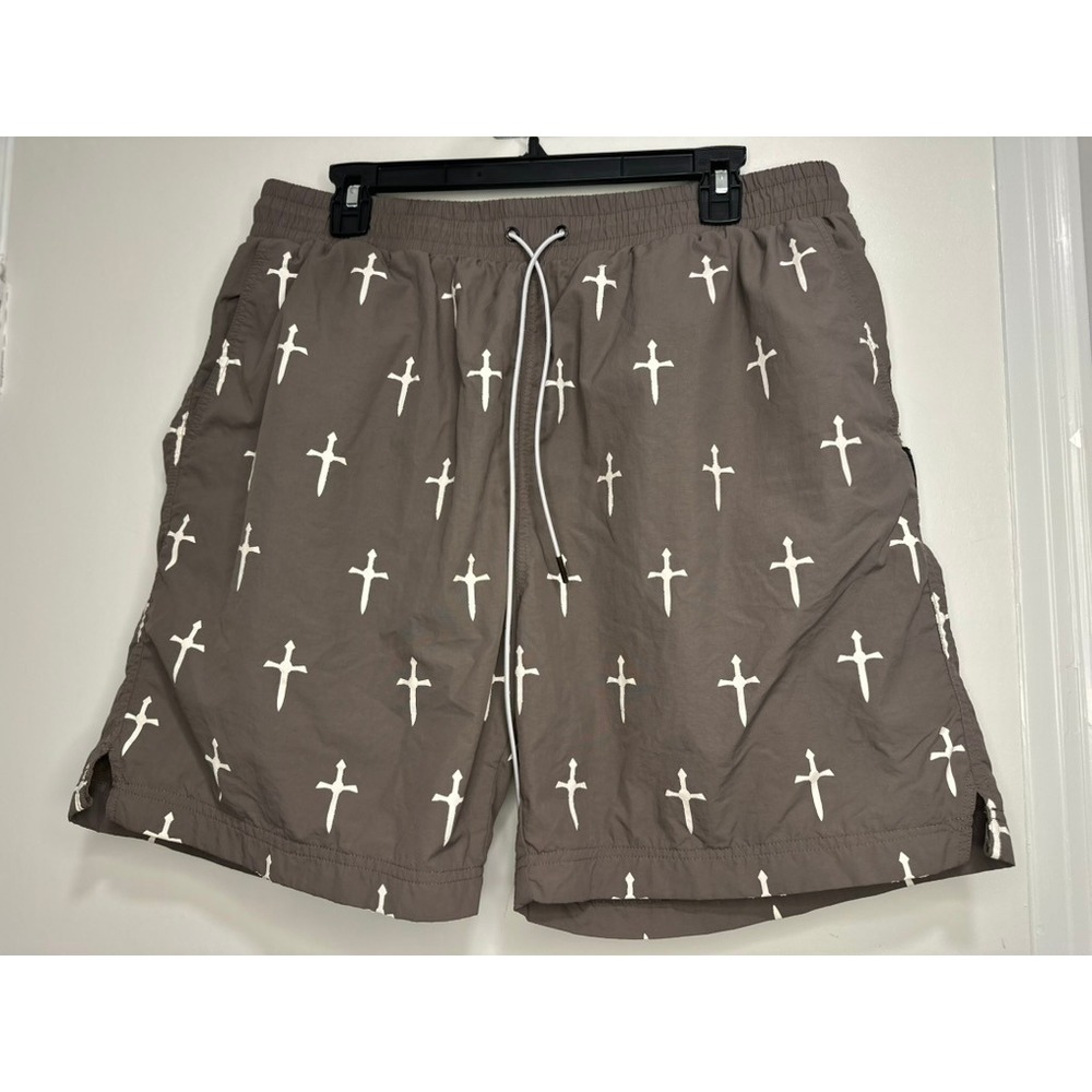 Saint Morta Streetwear Cross Print Swim Trunks Sz:L Brown Mesh Lined Shorts